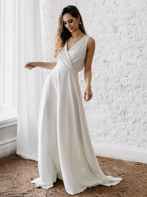Robe de mariée blanche simple avec train col en V sans manches dos nu dentelle A-ligne robes de mariée en mousseline de soie