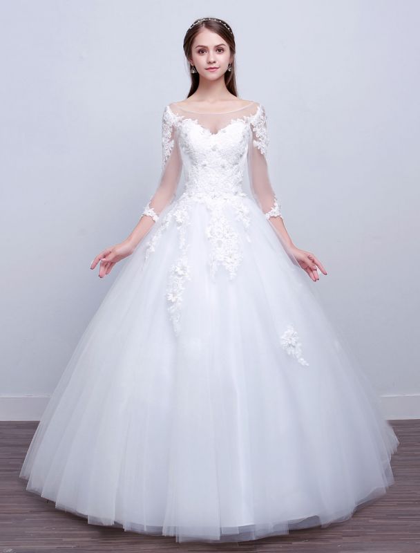 Princess Ball Gown Wedding Dresses Long Sleeve Lace Illusion Ivory Floor Length Bridal Dress