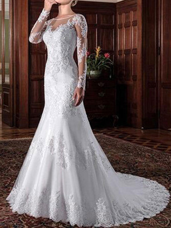 Vintage Wedding Bridal Dress Sheath Illusion Neck Long Sleeve Lace Applique Wedding Dresses With Train
