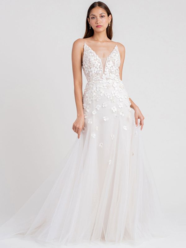 Robe de mariée blanche train chapelle A-ligne sans manches satin mat col en V dentelle tulle robes de mariée