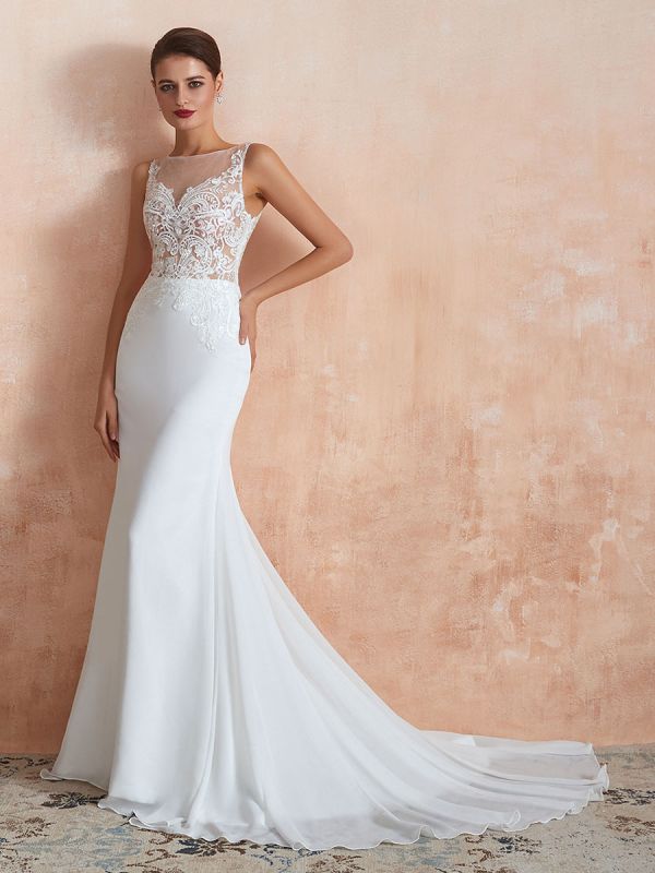 Brautkleid 2021 Meerjungfrau Ärmellose Spitze Applizierte Strand Brautkleider Mit Zug