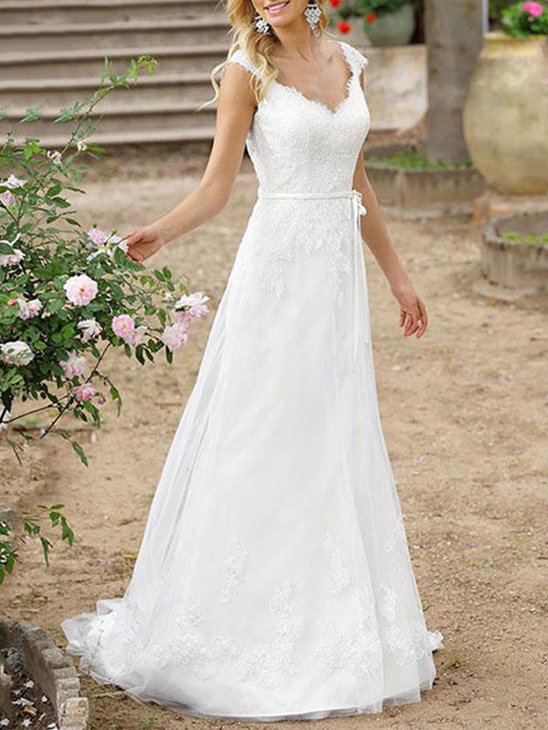 Einfache Hochzeitskleid A-Linie V-Ausschnitt Ärmellose Schärpe Bodenlangen Brautkleider Mit Zug