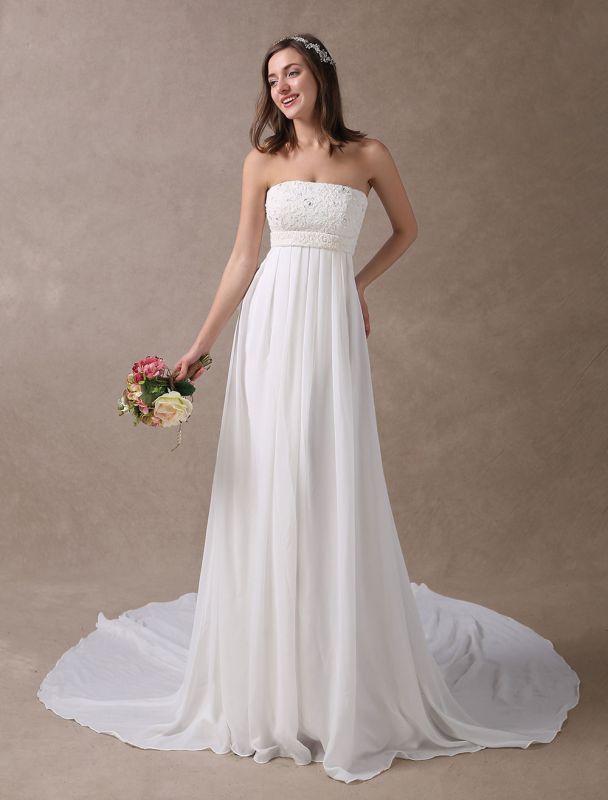 Beach Wedding Dresses Ivory Chiffon Strapless Lace Beaded Summer Bridal Gowns With Train Exclusive