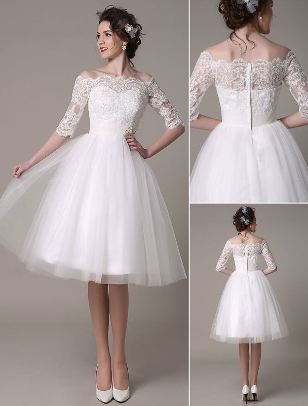 Robes de mariée en dentelle 2021 courtes sur l'épaule une ligne longueur au genou taille strass robe de mariée exclusive