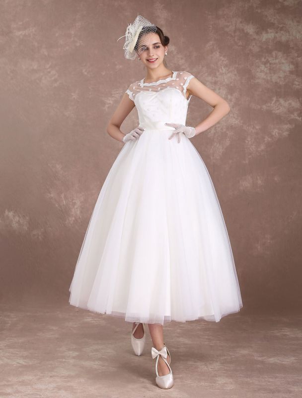 Vestidos de novia cortos Vestido de novia de los años 50 Vintage con espalda abierta Lunares Marfil Una línea Longitud de té Vestido de recepción de boda Exclusivo