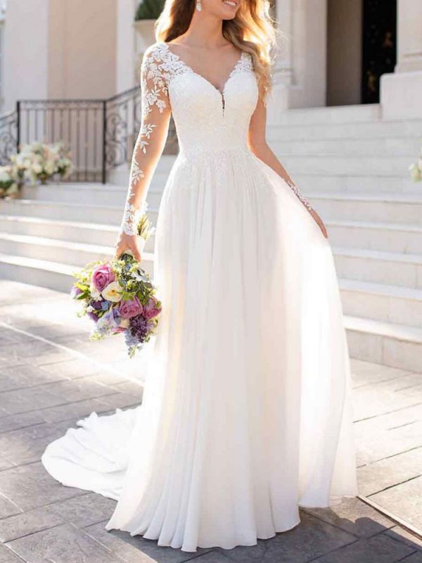 Lace Wedding Dresses 2022 Chiffon V Neck A Line Long Sleeve Lace Applique Beach Wedding Bridal Dress With Train Free Customization
