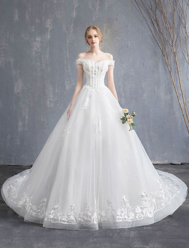 Robes de mariée princesse robe de bal dentelle chaînes perlées hors de l'épaule robe de mariée