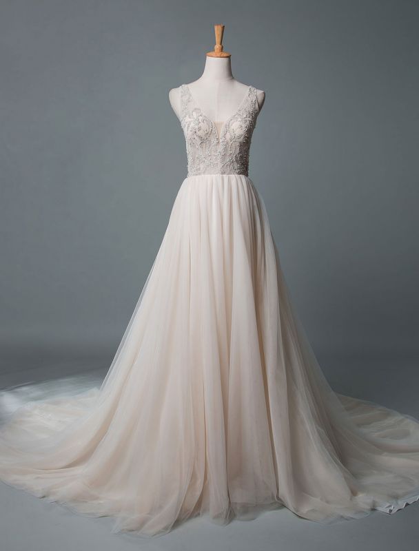 Einfaches Hochzeitskleid A-Linie V-Ausschnitt ärmellose Applikationen Perlen bodenlangen Brautkleider