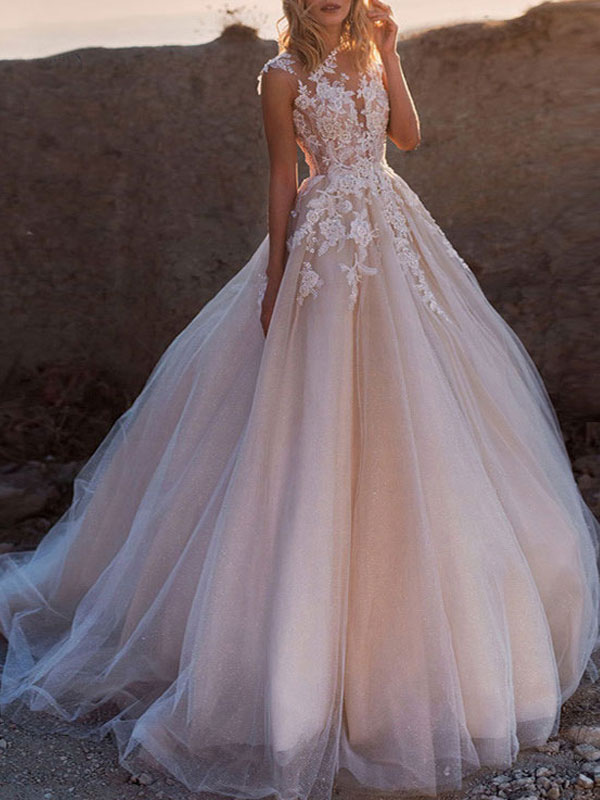 Brautkleider 2021 Prinzessin Silhouette Jewel Neck Sleeveless Natural Waist Lace Soft Pink Tüll Brautkleider