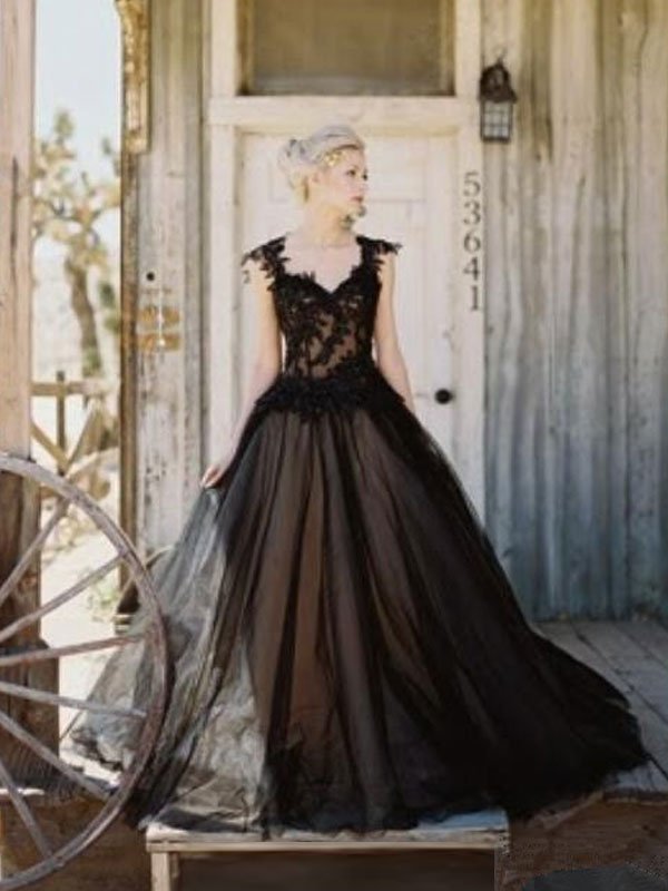 Robes de mariée fidèles noires Tulle princesse silhouette sans manches taille basse dentelle tribunal train robe de mariée