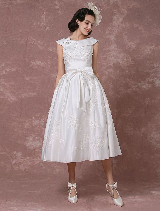 Robe de mariée vintage Satin courte robe de mariée dentelle perles thé longueur réception robe de mariée détachable nœud ceinture exclusif