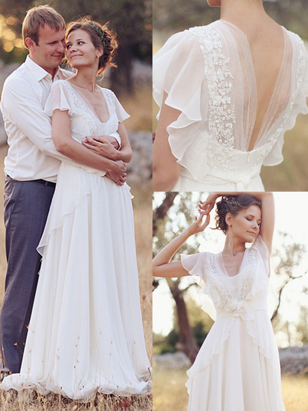Einfaches Hochzeitskleid A-Linien-Ausschnitt Ärmellose Applikationen Chiffon Brautkleider