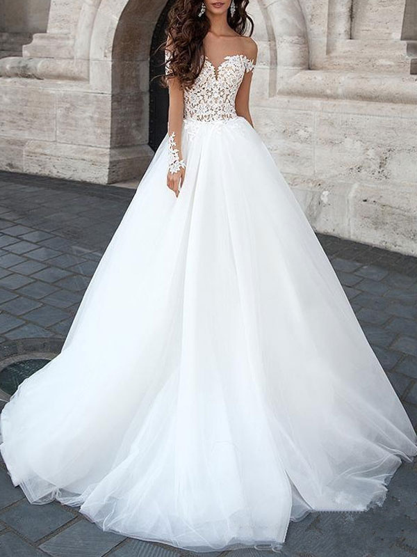 Robe de mariée princesse 2021 robe de bal chérie cou manches longues dos nu dentelle tulle robes de mariée avec train de la cour