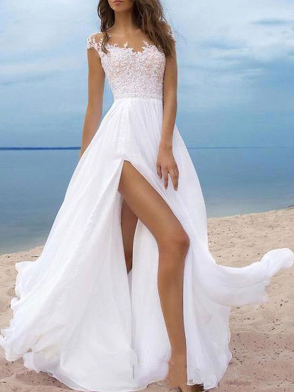 Robes de mariée Boho 2021 en mousseline de soie col en V manches courtes une ligne Split devant robes de mariée pour mariage sur la plage
