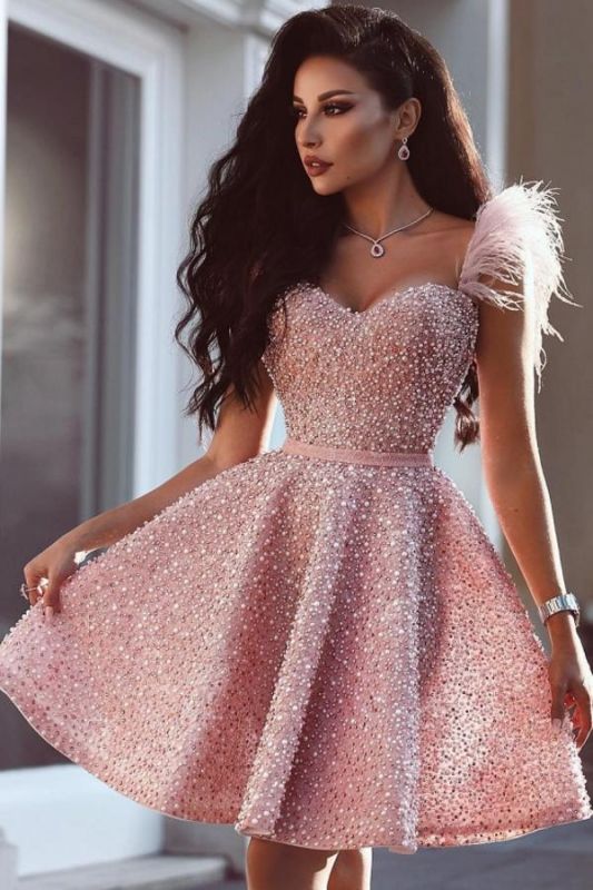 Shinny Sequins Beading Homecoming Dress Pearls Feather Pink Party Dress