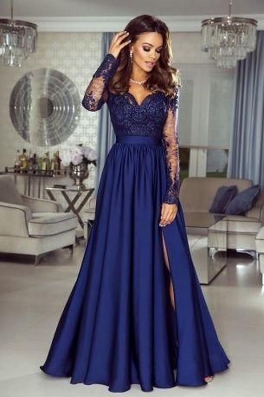 Elegante vestido formal azul real de manga larga con apliques de encaje vestido largo de noche