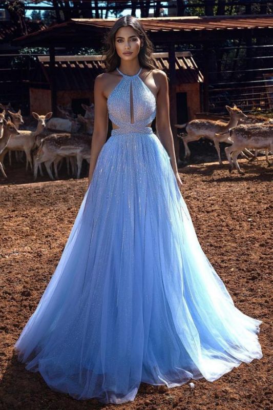 Glitter Halter Sequins Aline Evening Dress Sleeveless Maxi Prom Dress