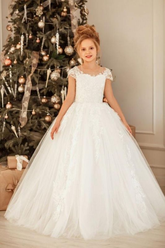 Cap Sleeves Lace Little Girl Dress Christmas Party White Princess Dress