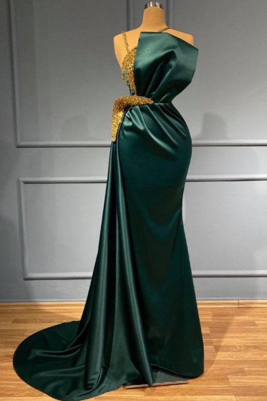 Charmante robe de mariée sirène en satin vert foncé embellissements dorés