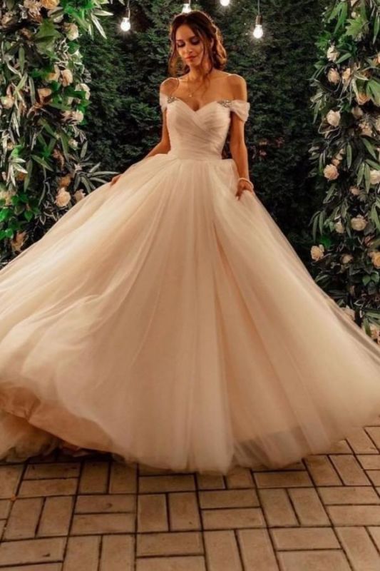 Off Shoulder Soft Tulle Princess Wedding Dress Romantic Satin Aline Ball Gown