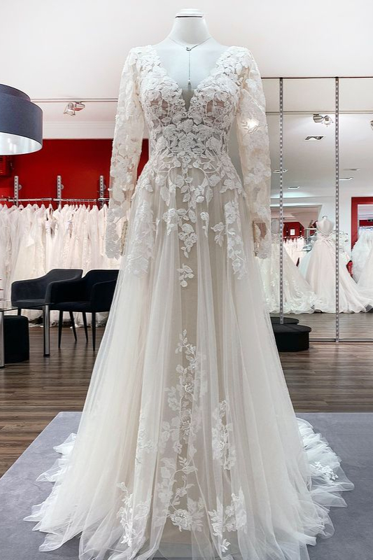 Romantic White Long Sleeves Wedding Dress Floral Lace Aline Bridal Dress