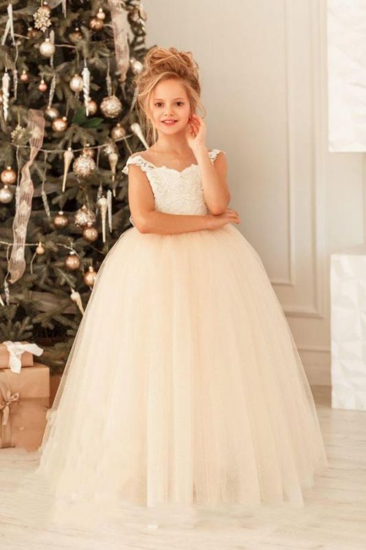 Schöne Flügelärmeln weißes Blumentüll Blumenmädchenkleid Weihnachten / Geburtstagsfeierkleid für kleine Mädchen