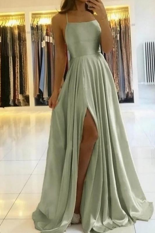 Charming Spaghetti Straps Satin Maxi Evening Dress with Side Slit  Sleeveless Gown