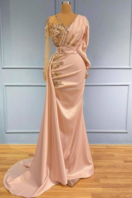Charming Mermaid Prom Dress with Gold Beadings Appliques Side Trumpt/Train