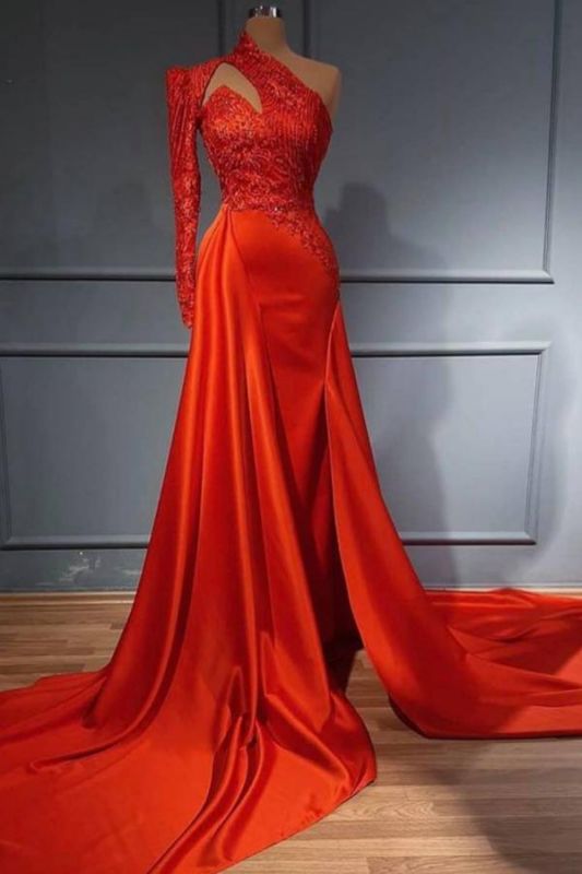 Sexy Rotes One-Shoulder-Meerjungfrau-Abend-Party-Kleid High Neck Formales Kleid mit abnehmbarer Schleppe