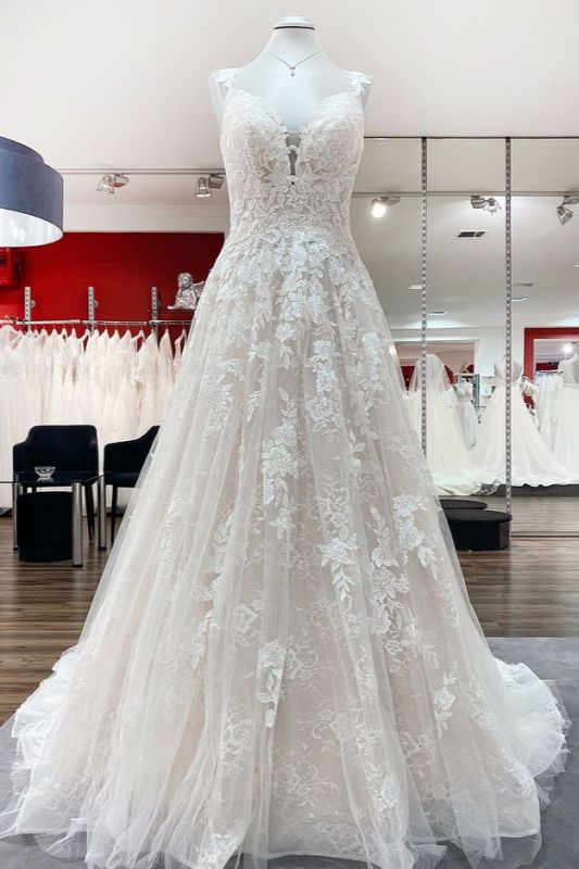 Elegant Aline Wedding Dress Sleeveless Tulle Floral Lace Bridal Dress