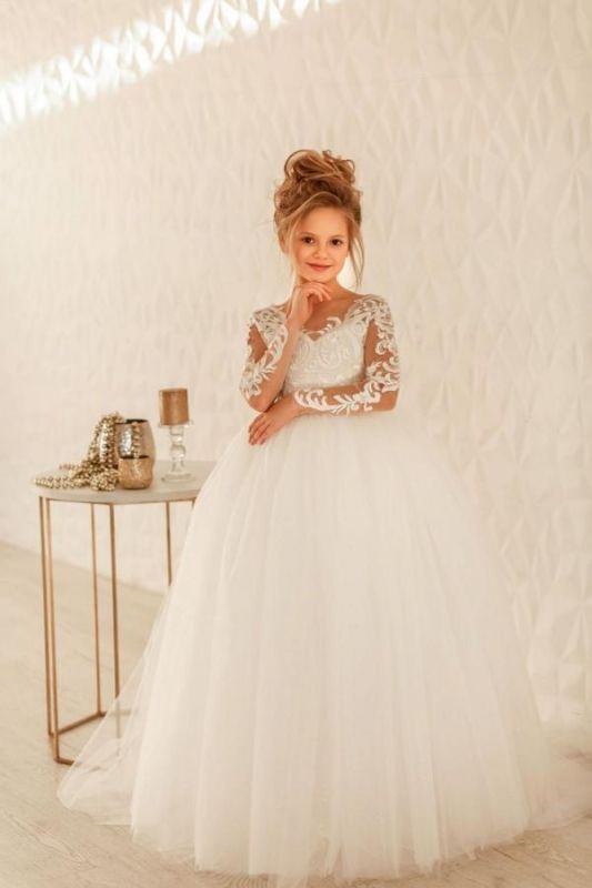 Lovely Long Sleeves Tulle Flower Girl Dress Aline Party Dress for Bride