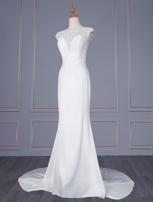 Weißes einfaches Hochzeitskleid Mantel Illusion Ausschnitt ärmellose natürliche Taille Spitze Brautkleider