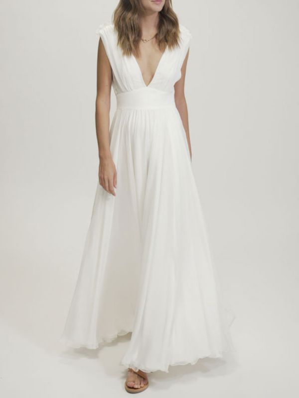 Ivory Simple Wedding Dress Chiffon V-Neck Sleeveless Backless Long A-Line Bridal Dresses