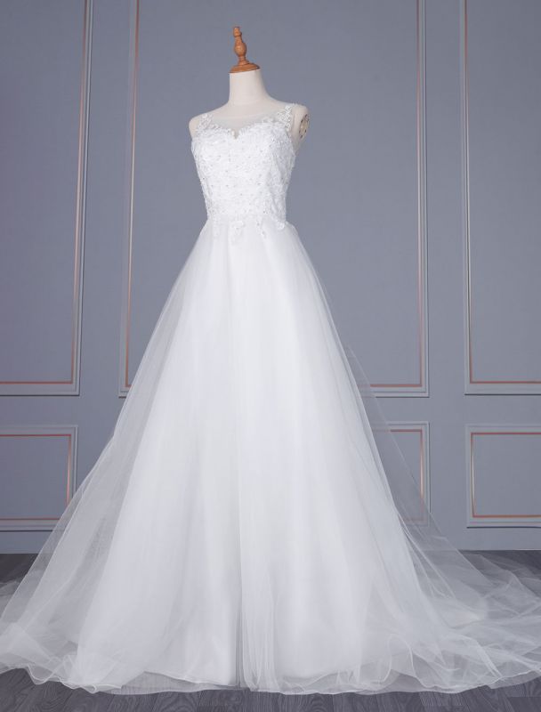 Weißes einfaches Hochzeitskleid Spitze V-Ausschnitt ärmellos natürliche Taille Spitze Tüll A-Linie Brautkleider