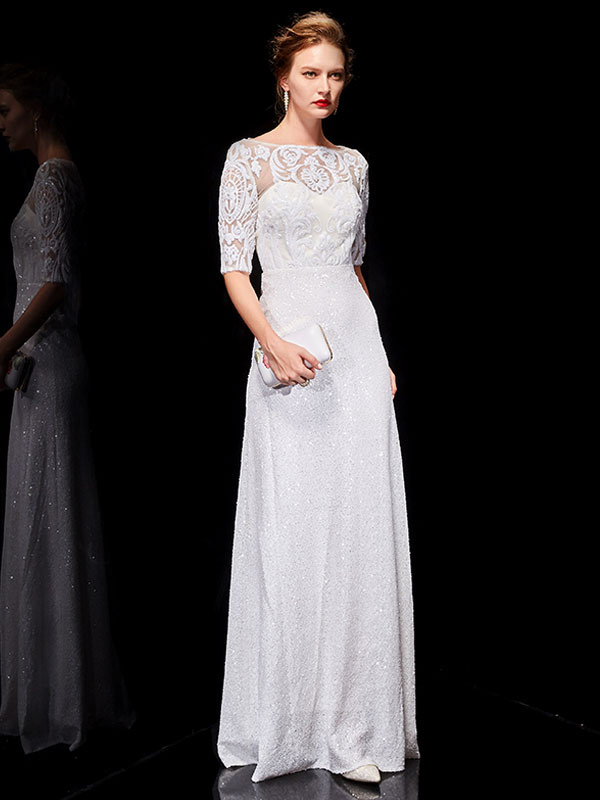 White Evening Dresses Lace Half Sleeve Sequin Long Formal Occasion Dress