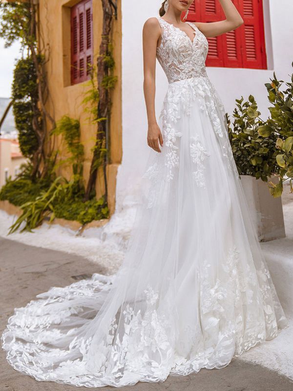 Weißes einfaches Hochzeitskleid Polyester V-Ausschnitt ärmellose rückenfreie Spitze A-Linie Brautkleider