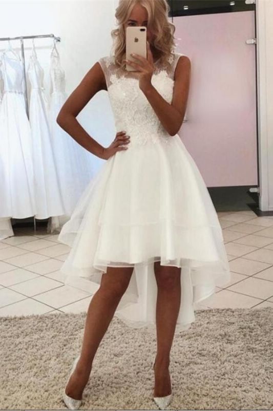 Stunning White Sleeveless Aline Lace Short Hi-Lo Wedding Dress