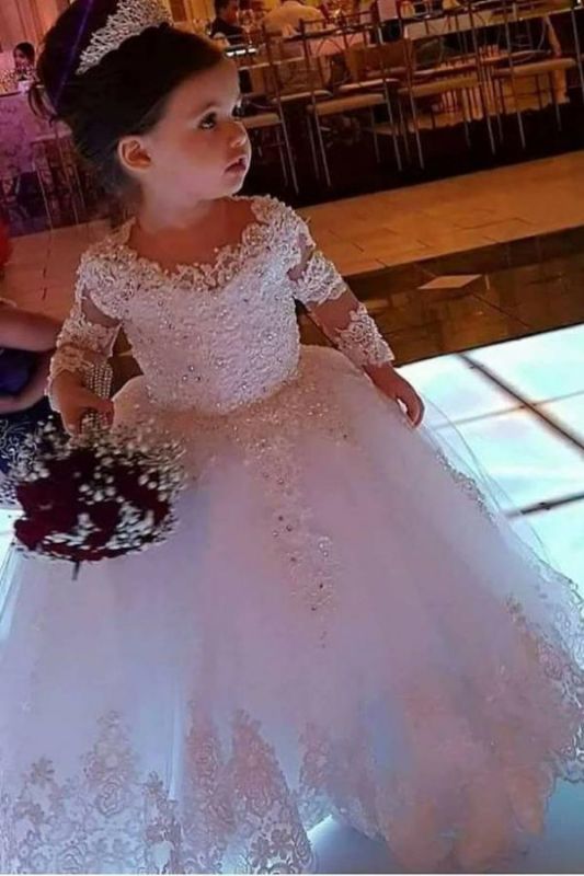 White Tulle Lace Appliques Flower Girl Dress Long Sleeves Beadings Dress for Girls