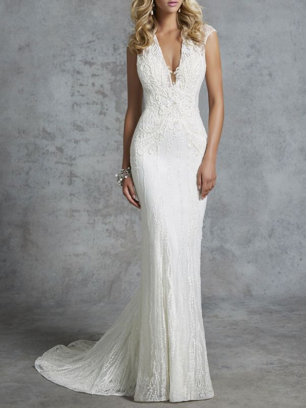 Robe de mariée en dentelle blanche pour femme col en V sans manches taille naturelle avec train robe de mariée sirène