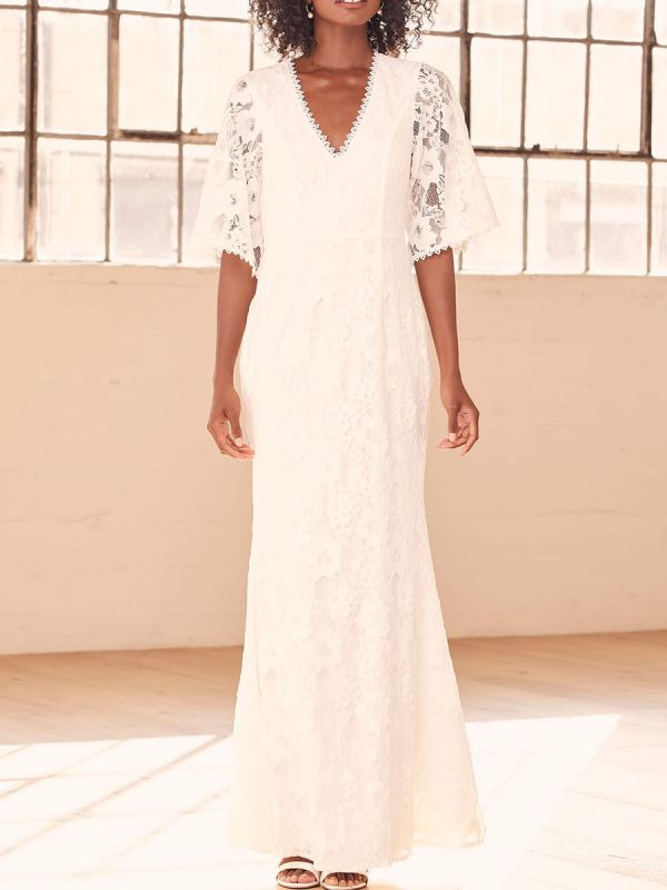 V Neck Half Sleeves White Engagement Dress Floor Length A Line Lace Dress for Wedding