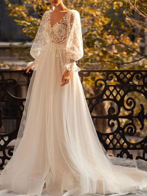 Vestido de novia blanco simple con tren Una línea Cuello en V Cintura natural Mangas largas Vestidos de novia de encaje