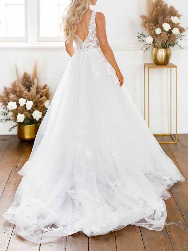 White Simple Wedding Dress V-Neck Sleeveless Backless Natural Waist ...