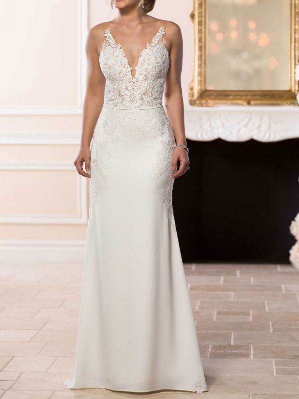 White Simple Wedding Dress Mermaid V-Neck Sleeveless Backless Natural Waist Lace Bridal Gowns