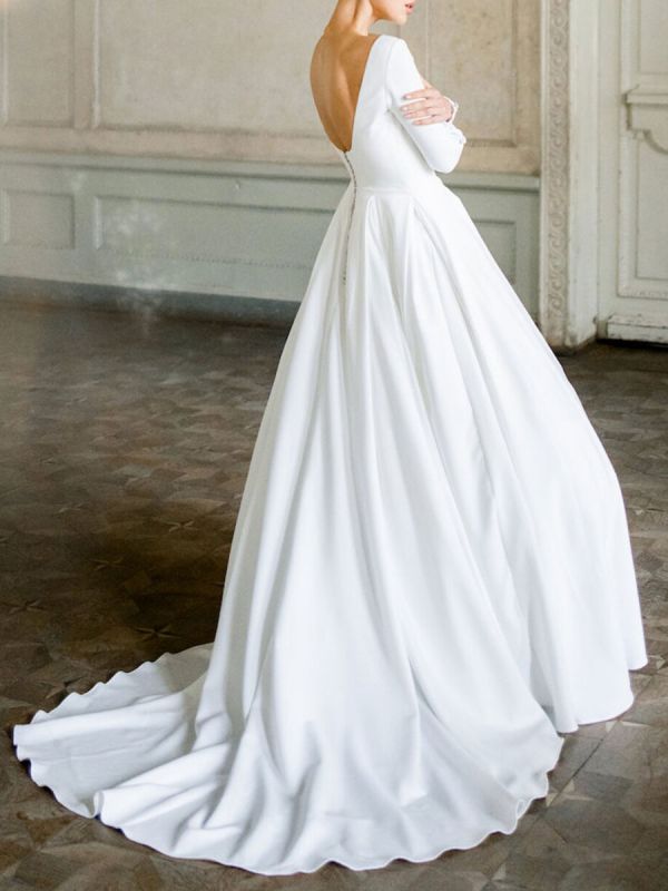 White Simple Wedding Dress With Train Stretch Crepe Jewel Neck Long ...