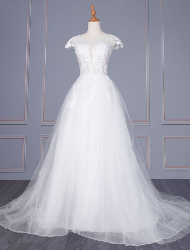 Ivory A-line Wedding Dresses With Train Short Sleeves Lace Tulle V-Neck Long Bridal Gowns