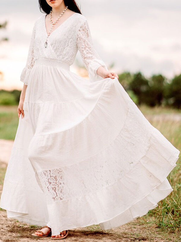 Boho White Wedding Dress V-neck 3/4-Length Sleeve Natural Waist Lace A-Line Floor Length Bridal Wedding Gowns