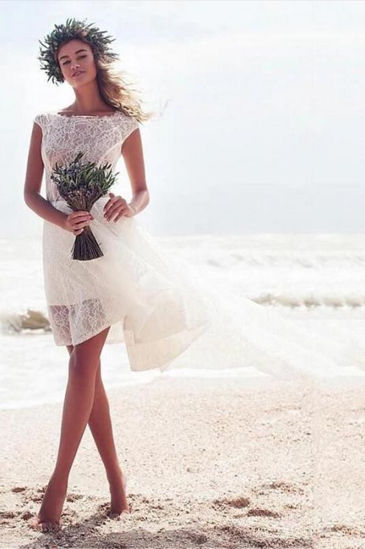 Einfaches Strandhochzeitskleid mit Flügelärmeln Hi-Lo Brautkleid