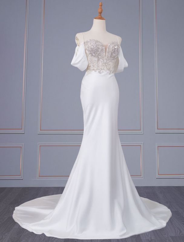 Robe de mariée blanche col en V manches courtes dos nu taille naturelle dentelle avec train longue robe de mariée sirène