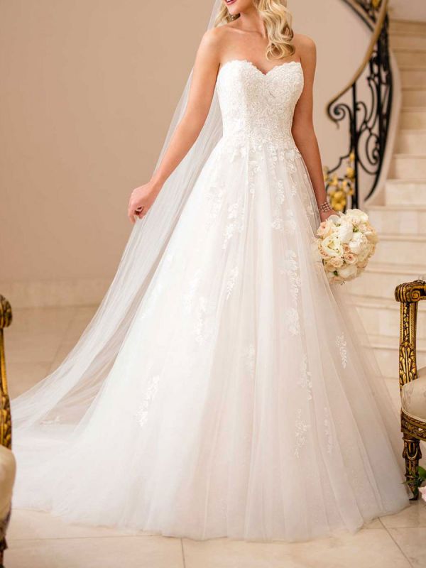 White Simple Wedding Dress A-Line Strapless Sleeveless Backless Long Lace Bridal Dresses