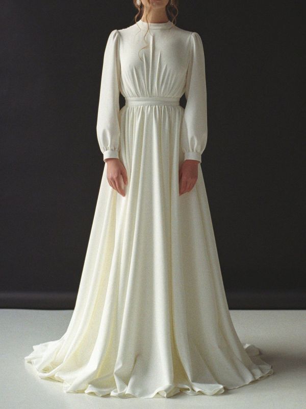 Robe de mariée simple ivoire avec train polyester col bijou manches longues dos nu A-ligne robes de mariée